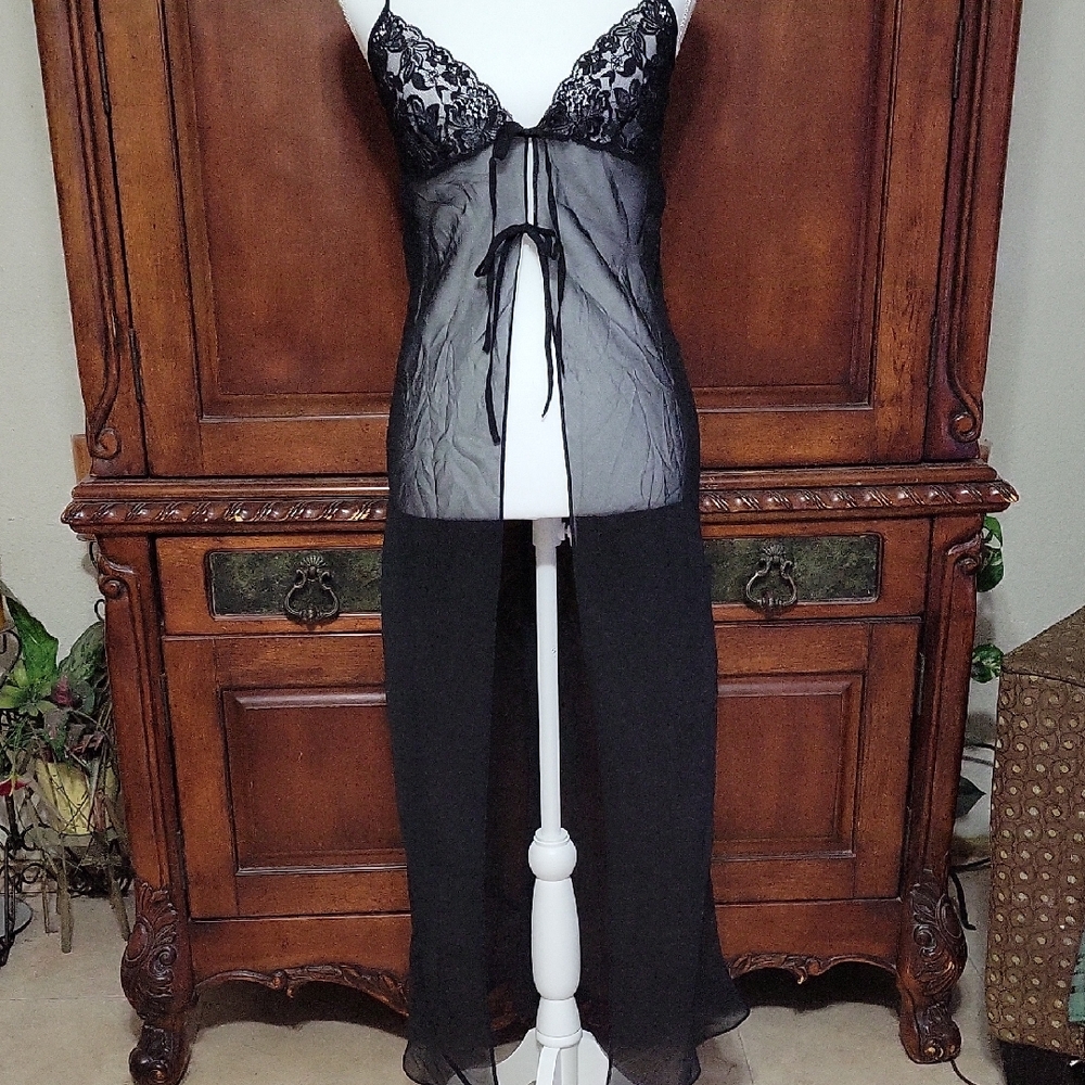 Frederick's Of Hollywood Women's S Black Sheer Slip Robe Tie Front